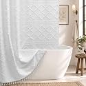 White Boho Shower Curtain Fabric Shower Curtains with Tassel 72 x 72 Modern Textured Shower Curtain Farmhouse Minimalist, Tufted Chevron Striped Shabby Chic, Water Resistant Cloth Curtain for Bathroom