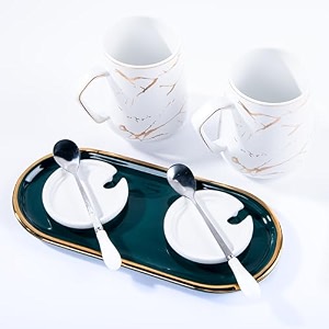 gibox white ceramic mug set of 2 with lid stylish spoon amp green tray vintage combo for tea coffee milk dishwasher safe large coffee cups for serving best gift for birthday anniversary weddings