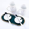 GIBOX White Ceramic Mug Set of 2 with Lid, Stylish Spoon &amp; Green Tray Vintage Combo for Tea, Coffee, Milk Dishwasher Safe Large Coffee Cups for Serving Best Gift for Birthday, Anniversary, Weddings