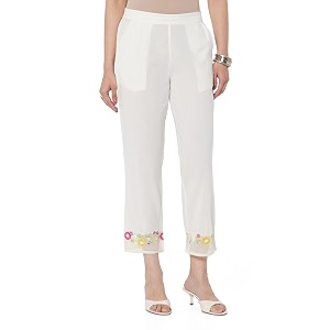 White Cotton Pants with Embroidered Mesh Hemline