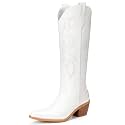 White Cowboy Boots for Women - Embroidered Western Cowgirl Boots, Wide Calf Knee High Tall Footwear, Almond Pointed Toe Chunky Heel Pull On Zipper Retro Country Style US 6