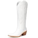 White Cowboy Boots for Women - Wide Calf Rhinestone Cowgirl Boots, Women Knee High Western Boots, Glitter Sparkly Ladies Tall Boots with Classic Embroidery and Side Zipper, Retro Classic Country Boots Pull On for Ladies