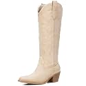 White Cowboy Boots for Women - Wide Calf Rhinestone Cowgirl Boots, Women Knee High Western Boots, Glitter Sparkly Ladies Tall Boots with Classic Embroidery and Side Zipper, Retro Classic Country Boots Pull On for Ladies