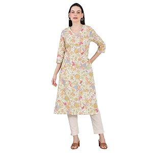 White Floral Printed Pure Cotton Straight Kurta