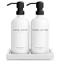 White Glass Soap and Lotion Dispenser Set with Tray by Brighter Barns - Hand Soap Dispenser Bathroom Set & Stainless Steel Pump for Home, Vacation Rental - Modern Bathroom Accessories & Decor (White)