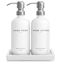 White Glass Soap and Lotion Dispenser Set by Brighter Barns - Bathroom Soap Dispenser Set Tray - Liquid Hand Soap Dispenser Pump - Modern Bathroom Accessories for Guest, Hotel, Spa, Restaurant (White)