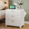 White Nightstand with Charging Station, 24" Wide Modern Fluted Wood Night Stand with 3 Drawers Storage, Wide End Table, Bedside for Bedroom, White