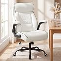 White Office Chair 400lbs, Modern Executive Desk Chair with Lumbar Support, Comfortable Computer Chair with Flip-up Armrests, Adjustable Height Swivel Reclining Chair for Home Office, Faux Leather