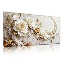White Peony Gold Moon Mouse Pad, Elegant Floral Branch Desk Mat - Large Mousepad Non-Slip Decor for Office, PC &amp; Laptop - 35.5"x15.7" x 3mm