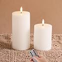 White Ribbed Flameless Pillar Candles with Remote, Flickering LED Wax Candles Battery Operated Set of 2