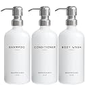 White Shampoo and Conditioner Dispenser Set by Brighter Barns - Shower Dispenser for Bathroom - Refillable Plastic Shampoo Bottle &amp; Stainless Steel Pump - Shampoo Dispenser for Vacation Rental (White)