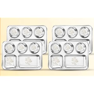 white star 304 188 stainless steel plates for kids amp adult combo- 4 pcs dia- 35 cm design- rosedining delight classic dinner plates for every occasion 5 in 1 compartment plates