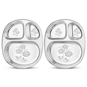 white star 304 188 stainless steel plates for kids amp adult combo- 2 pcs dia- 25 cm design- rosedining delight classic dinner plates for every occasion 3 in 1 compartment plates