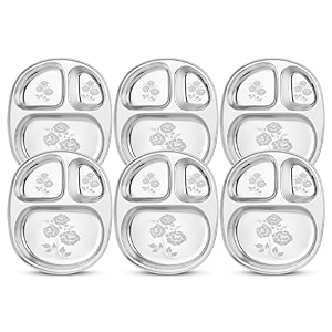 white star 304 188 stainless steel plates for kids amp adult combo- 6 pcs dia- 25 cm design- rosedining delight classic dinner plates for every occasion 3 in 1 compartment plates