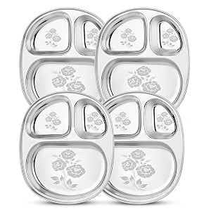 white star 304 188 stainless steel plates for kids amp adult combo- 4 pcs dia- 25 cm design- rosedining delight classic dinner plates for every occasion 3 in 1 compartment plates