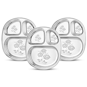 white star 304 188 stainless steel plates for kids amp adult combo- 3 pcs dia- 25 cm design- rosedining delight classic dinner plates for every occasion 3 in 1 compartment plates