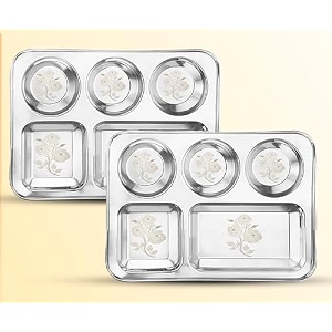 white star 304 188 stainless steel plates for kids amp adult combo- 2 pcs dia- 35 cm design- rosedining delight classic dinner plates for every occasion 5 in 1 compartment plates