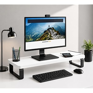 white wooden monitor stand riser with storage organizer for desk office home amp study table  ergonomic desktop pc stand with non-slip metal legs  59x20x12cm  easy diy assembly