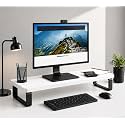 White Wooden Monitor Stand Riser with Storage Organizer for Desk, Office, Home & Study Table | Ergonomic Desktop PC Stand with Non-Slip Metal Legs | 59x20x12cm | Easy DIY Assembly
