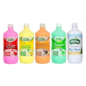 floor cleanerwhite phenyl liquidfor homesoffshospitals schools etc to removes dirt and stains rose jasminesandalpine amp lemon 1 ltr pack of 5
