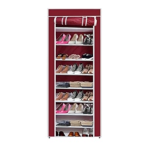 9 tiers multipurpose portable shoe cabinet rack light weight foldable shelves storage organizer with wardrobe cover for home 9 layer maroon storage unit