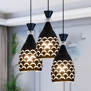 whiteray artistic black metal hanging 3 cluster light for ceiling unique scallop cut design with crystal accent ideal for dining room bedroom kitchen balcony home decor with bulb