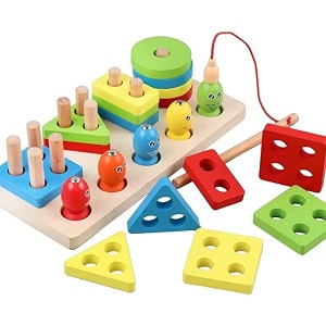 whiz kids wooden shape color sorting blocks puzzle stacking sorter montessori early learning educational toy great gift for 3 year old toddler baby kids 4 shape sorter with 5 magnetic fish