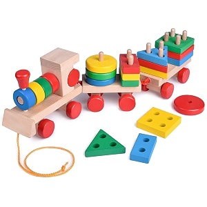 whiz kids wooden shape color sorting blocks puzzle stacking sorter montessori early learning educational toy great gift for 3 year old toddler baby kids sorting train - a
