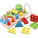 WHIZ KIDS Wooden Shape Color Sorting Blocks Puzzle Stacking Sorter Montessori Early Learning Educational Toy Great Gift for 3 Year Old Toddler Baby Kids (4 Shape Sorter with 5 Magnetic Fish)