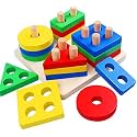 Whiz Kids Wooden Sorting &amp; Stacking Toys for Toddlers, Educational Shape Color Recognition Puzzle Stacker, Early Childhood Development Puzzle Toys for 3 Year Old Boys &amp; Girls (4 Shape)