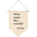 Who Runs the World,Girls-Inspirational Flag Wall Decor Gift for Baby Girl Kids-Canvas Hanging Banner Pennant Wall Decor Gift for Nursery Baby Room Playroom Homeschool Reading Room Bedroom