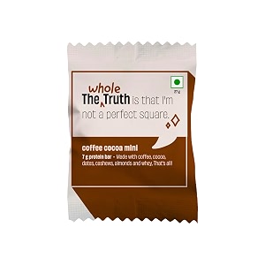 the whole truth - mini protein bars  coffee cocoa  pack of 8 x 27g each  no preservatives  no artificial sweeteners  no gluten or soy  all natural ingredients
