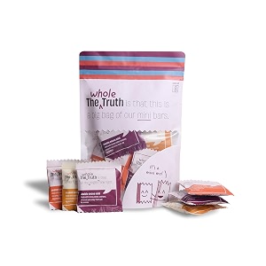 the whole truth - mini protein bars  the peanut party 2 double cocoa mini bars 3 peanut cocoa mini bars 3 peanut butter mini bars  pack of 8 x 27g each  no added sugar  no preservatives  no artificial sweeteners  no gluten or soy  all natural ingredients