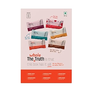 the whole truth - protein bars  all-in-one  pack of 6 x 52 g each  no preservatives  no artificial sweeteners  no gluten or soy  all natural ingredients  six different flavours