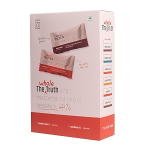 the whole truth - protein bars  assorted pack of 6 x 52g 3 double cocoa  3 cranberry  no preservatives  no artificial sweeteners  no gluten or soy  all natural ingredients