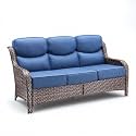 Wicker Patio Sofa with 6" Thick Cushions, All-Weather Outdoor Rattan Couch with High Backrest and Deep Seat, Outdoor Patio Sofas for Porch, Yard, Garden, Brown/Blue
