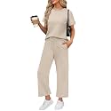 WIHOLL 2 Piece Sets for Women Casual Summer Travel Vacation Outfits Short Sleeve Wide Leg Crop Pants Lounge Sets