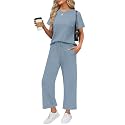 WIHOLL 2 Piece Sets for Women Casual Summer Travel Vacation Outfits Short Sleeve Wide Leg Crop Pants Lounge Sets