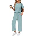 WIHOLL 2 Piece Sets for Women Casual Summer Travel Vacation Outfits Short Sleeve Wide Leg Crop Pants Lounge Sets