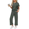 WIHOLL 2 Piece Sets for Women Casual Summer Travel Vacation Outfits Short Sleeve Wide Leg Crop Pants Lounge Sets