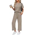 WIHOLL 2 Piece Sets for Women Casual Summer Travel Vacation Outfits Short Sleeve Wide Leg Crop Pants Lounge Sets
