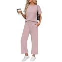 WIHOLL 2 Piece Sets for Women Casual Summer Travel Vacation Outfits Short Sleeve Wide Leg Crop Pants Lounge Sets