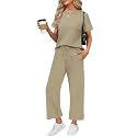 WIHOLL 2 Piece Sets for Women Casual Summer Travel Vacation Outfits Short Sleeve Wide Leg Crop Pants Lounge Sets