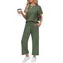 WIHOLL 2 Piece Sets for Women Casual Summer Travel Vacation Outfits Short Sleeve Wide Leg Crop Pants Lounge Sets