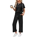 WIHOLL 2 Piece Sets for Women Casual Summer Travel Vacation Outfits Short Sleeve Wide Leg Crop Pants Lounge Sets