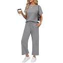 WIHOLL 2 Piece Sets for Women Casual Summer Travel Vacation Outfits Short Sleeve Wide Leg Crop Pants Lounge Sets