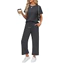 WIHOLL 2 Piece Sets for Women Casual Summer Travel Vacation Outfits Short Sleeve Wide Leg Crop Pants Lounge Sets