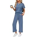 WIHOLL 2 Piece Sets for Women Casual Summer Travel Vacation Outfits Short Sleeve Wide Leg Crop Pants Lounge Sets