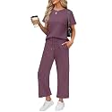 WIHOLL 2 Piece Sets for Women Casual Summer Travel Vacation Outfits Short Sleeve Wide Leg Crop Pants Lounge Sets