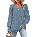 WIHOLL Long Sleeve Shirts for Women Trendy Casual Square Neck Tops Lightweight Sweaters